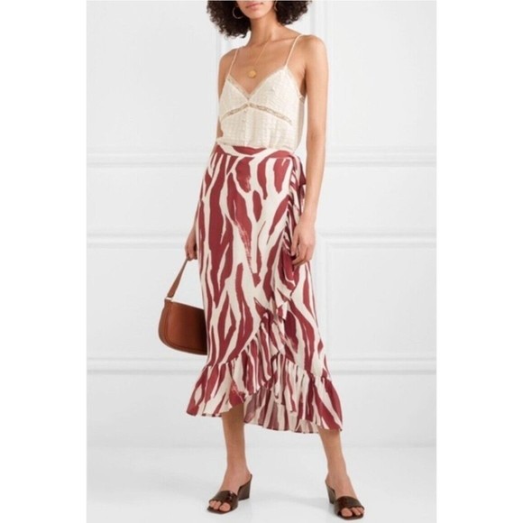 ANINE BING Lucky Zebra Wrap Skirt Midi Ruffle White Brown Tribal Travel XS - Picture 10 of 10